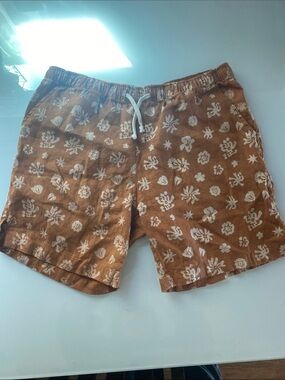 Alex Crane Men's Brown/orange floral 100% linen shorts, Drawstring Waist